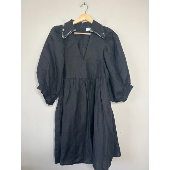 NEW Hunter Bell Noah Poplin Collared V-Neck Puff Sleeve Mini Dress Black Size: M - Picture 2 of 7